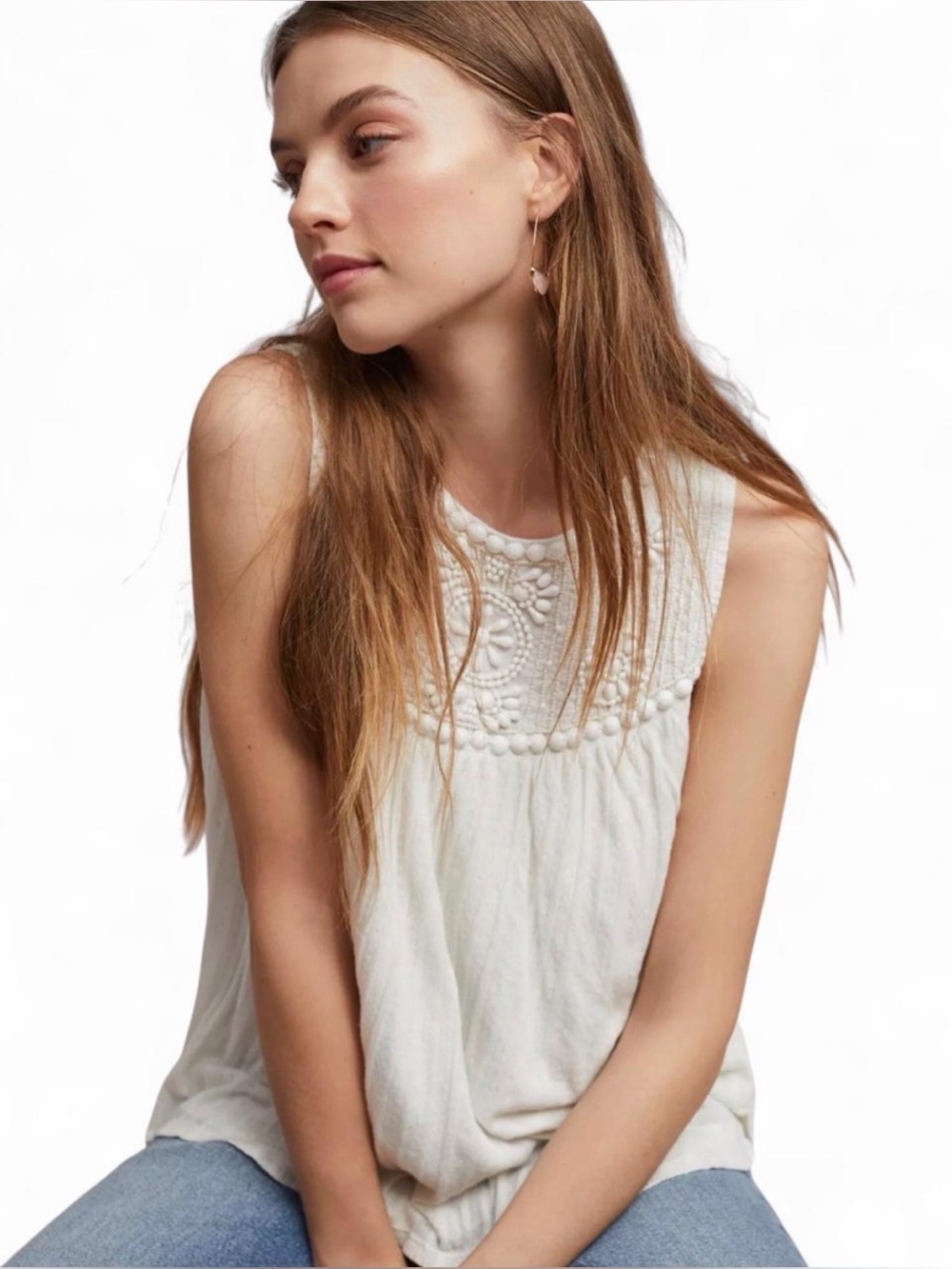 Women's Sleeveless Embroidered White Tank Top